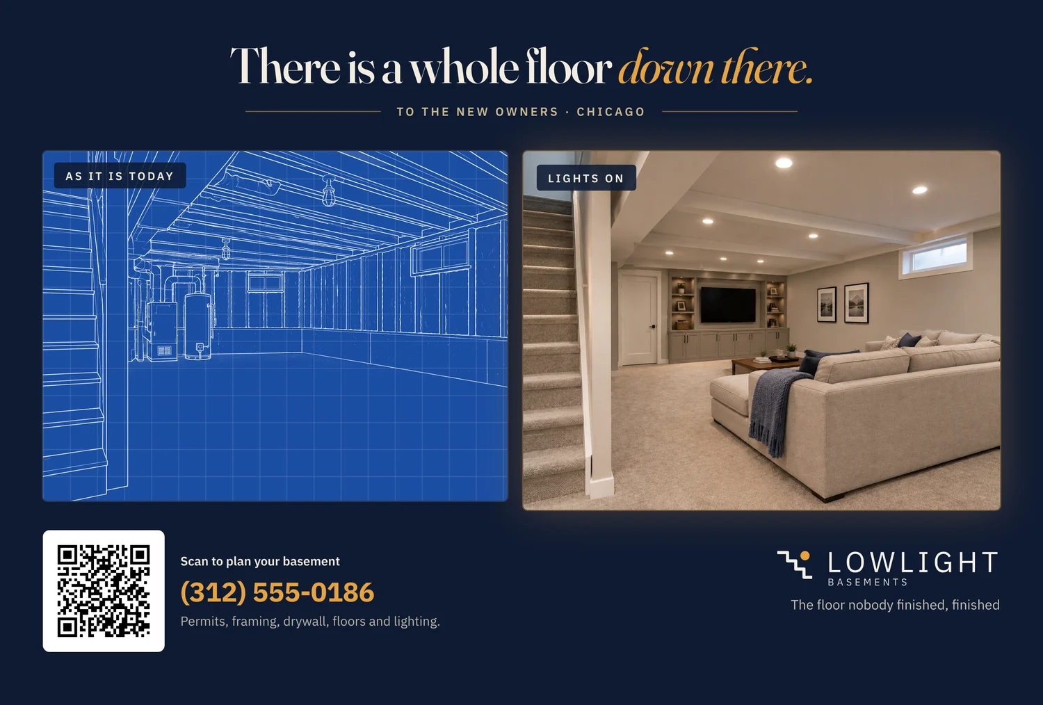 The front of a sample card for a fictional basements firm, with the finished room, an illustration of the room as it is today, the logo, the phone number and a QR code