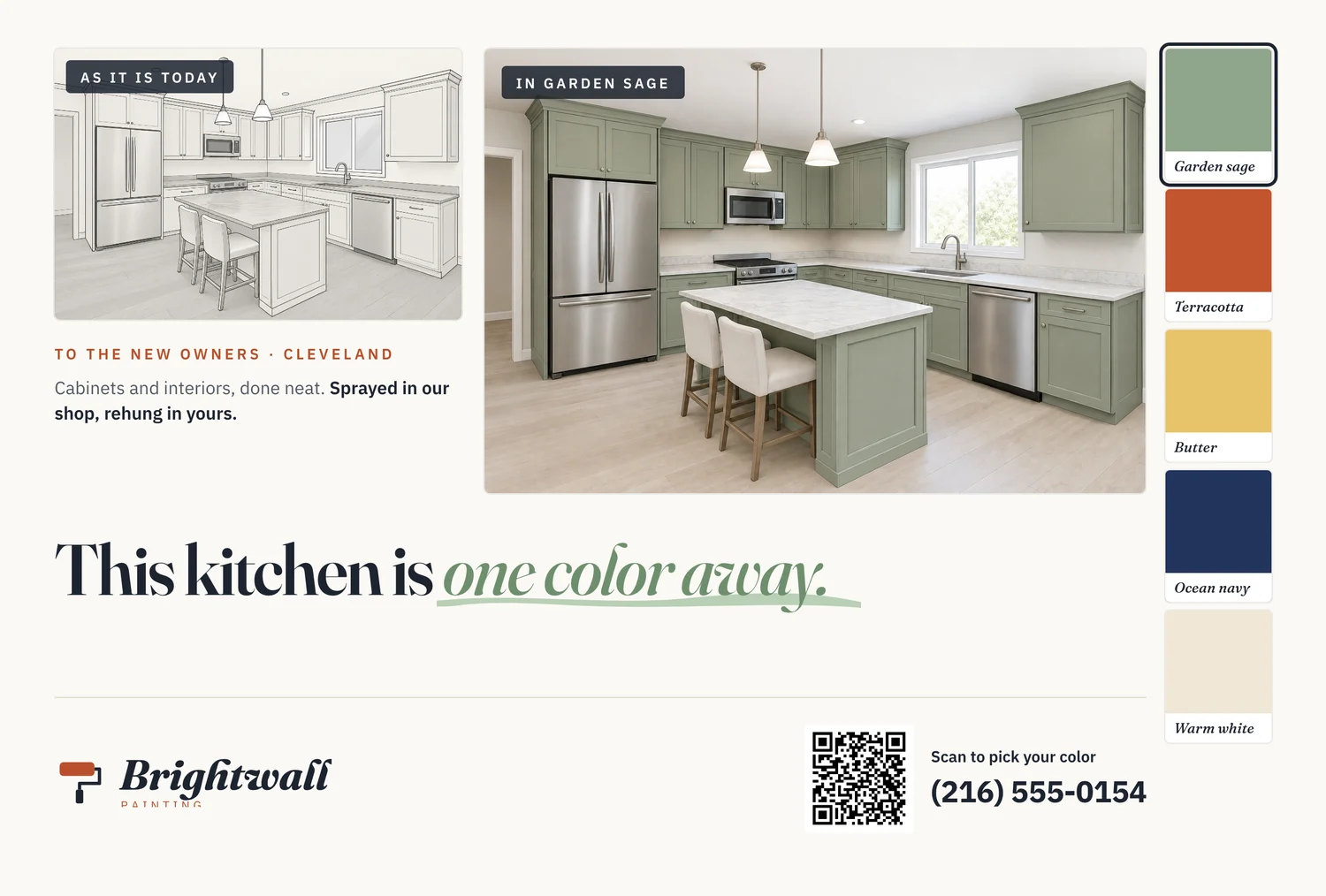 The front of a sample card for a fictional painters firm, with the finished room, an illustration of the room as it is today, the logo, the phone number and a QR code