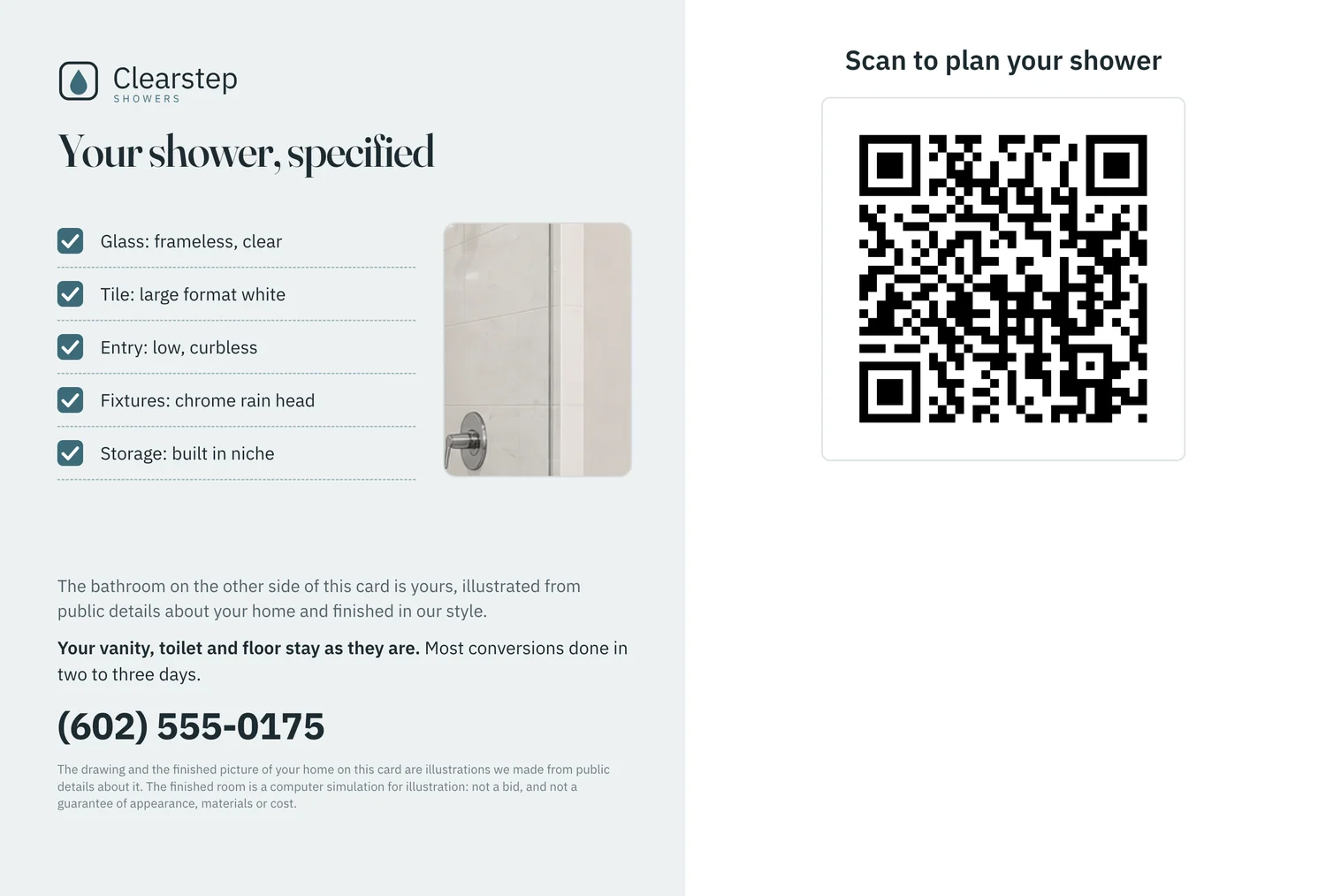 The back of the same card: what the firm does, a large QR code, the note that both pictures are illustrations, and the box the mail service prints the address in