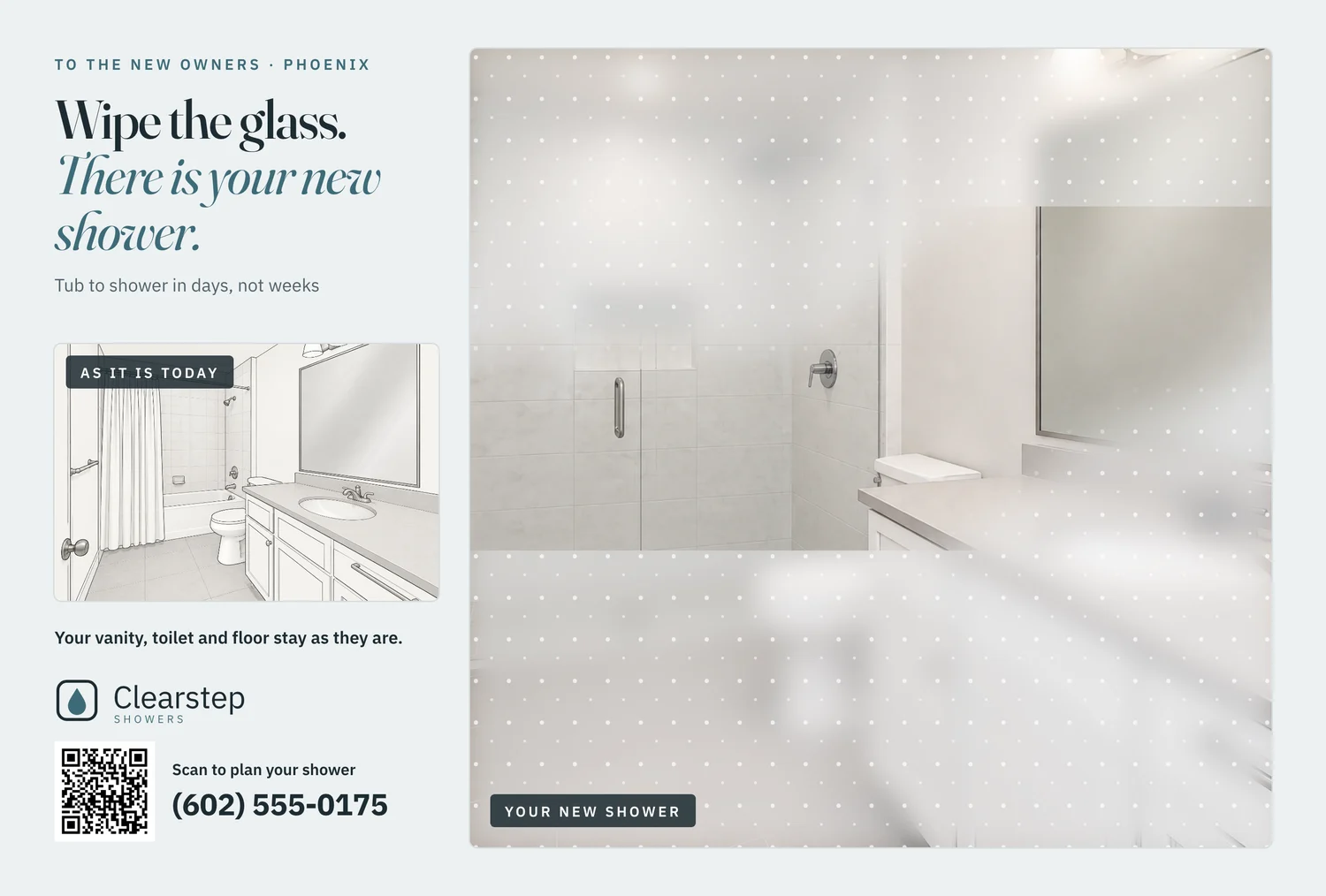 The front of a sample card for a fictional showers firm, with the finished room, an illustration of the room as it is today, the logo, the phone number and a QR code