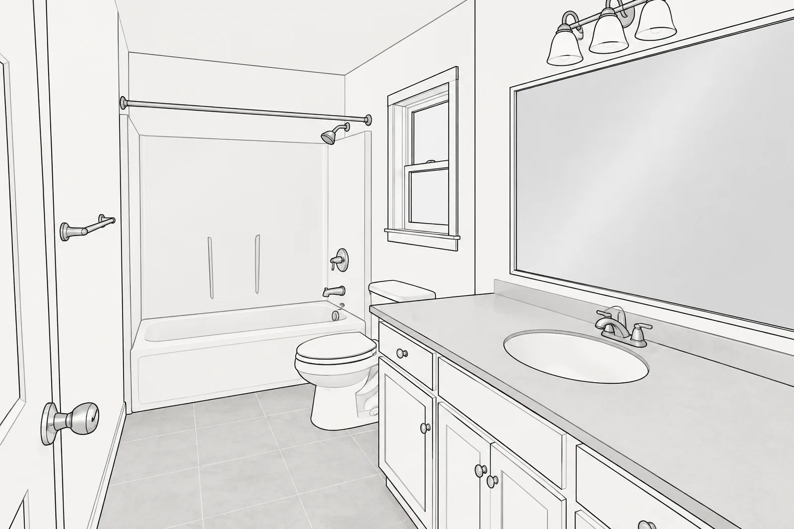 Our drawing of a bathroom that just sold, through an arch in a tiled wall