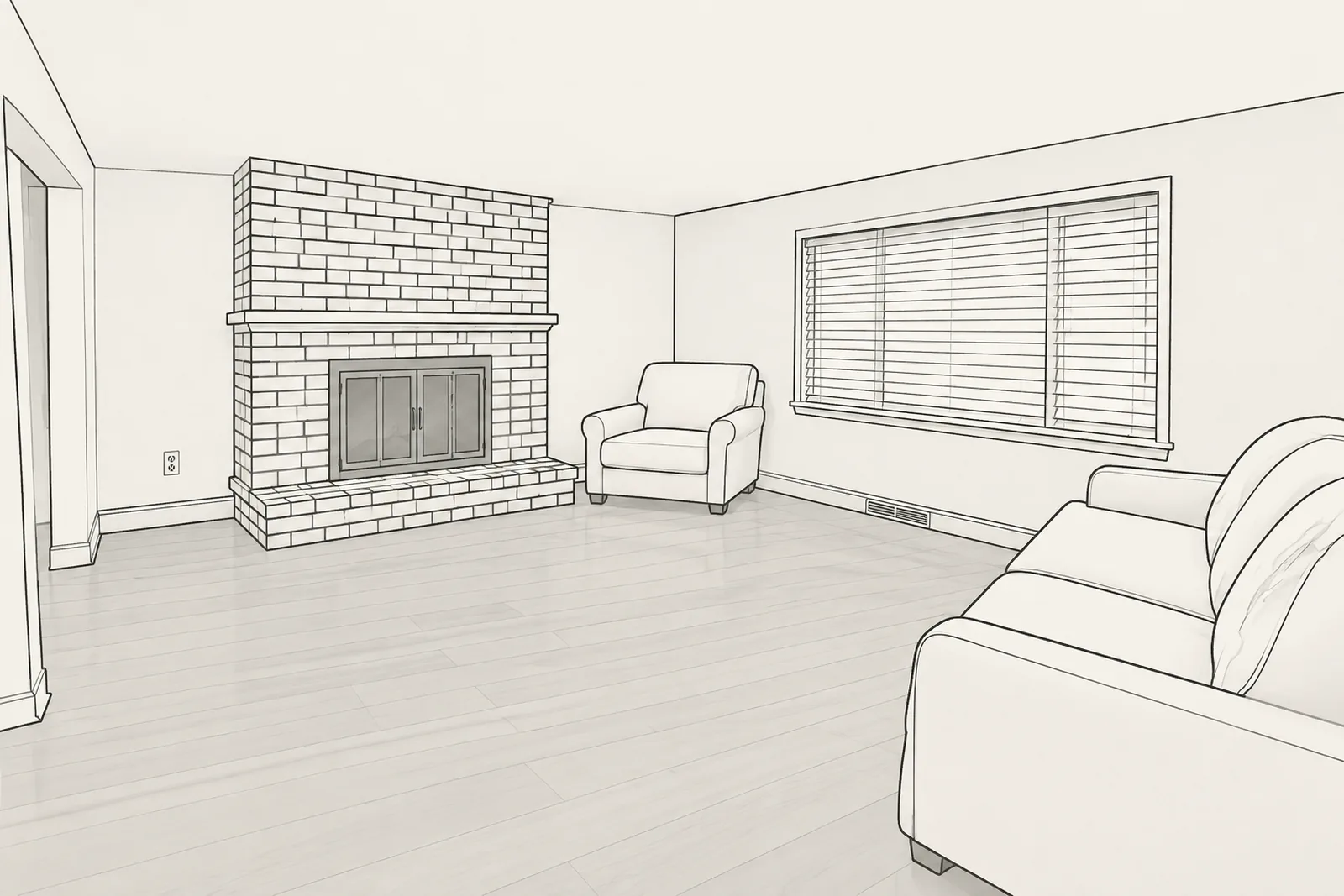 Our drawing of a living room that just sold, under a new herringbone floor