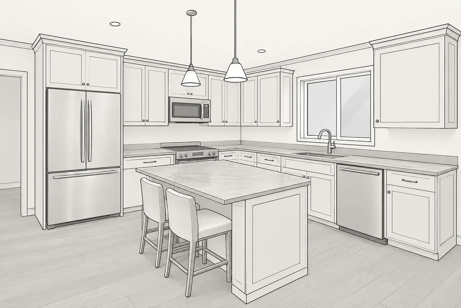 Our drawing of a kitchen that just sold, its cabinets ready for paint